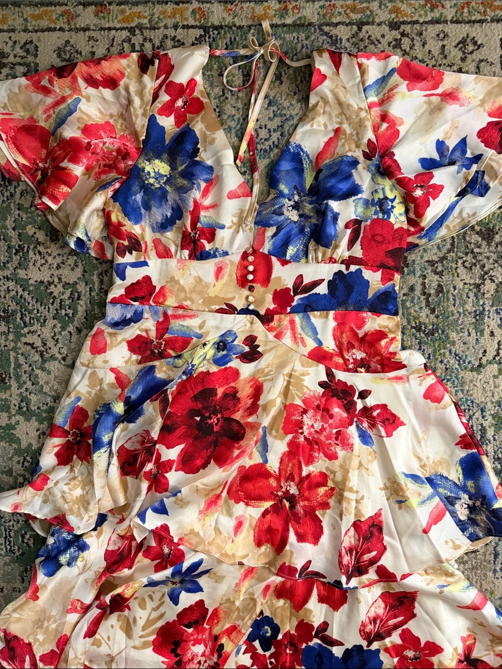 Floral Tiered V-Neck Maxi Dress in Red, Blue & Cream